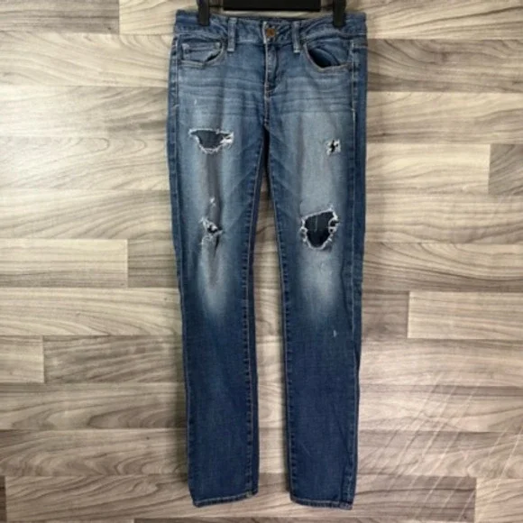 American Eagle Outfitters Skinny Jeans Womens 4 Blue Distressed Stone Wash Denim - Picture 7 of 12